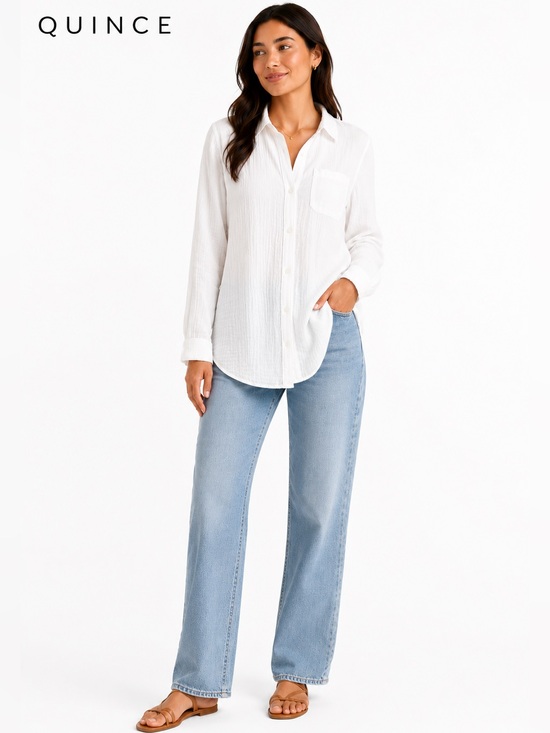 Quince Denim - Cotton Gauze Button Down Shirt XL White Long Sleeve Lightweight